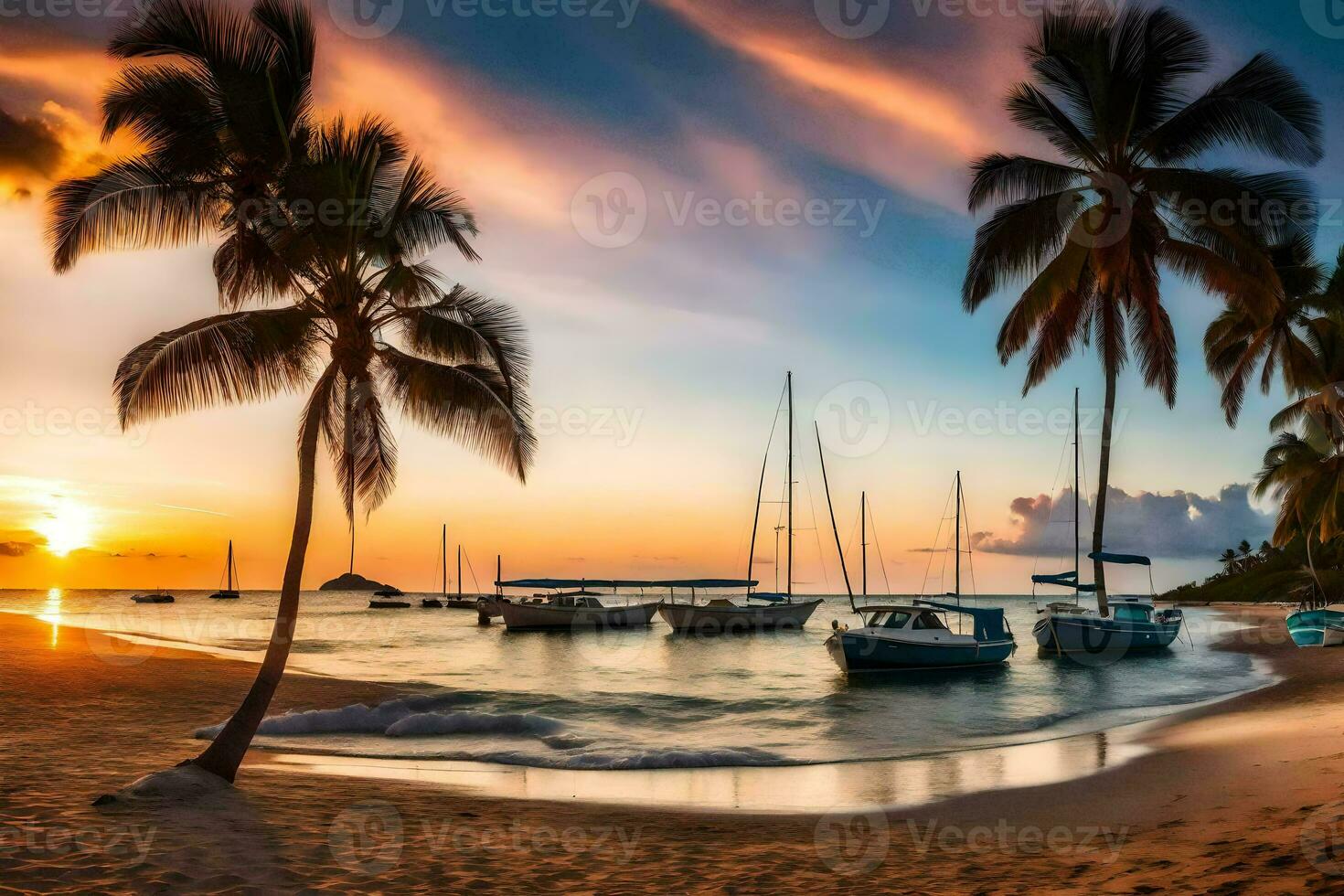 bateaux sont amarré sur le plage à le coucher du soleil. généré par ai photo