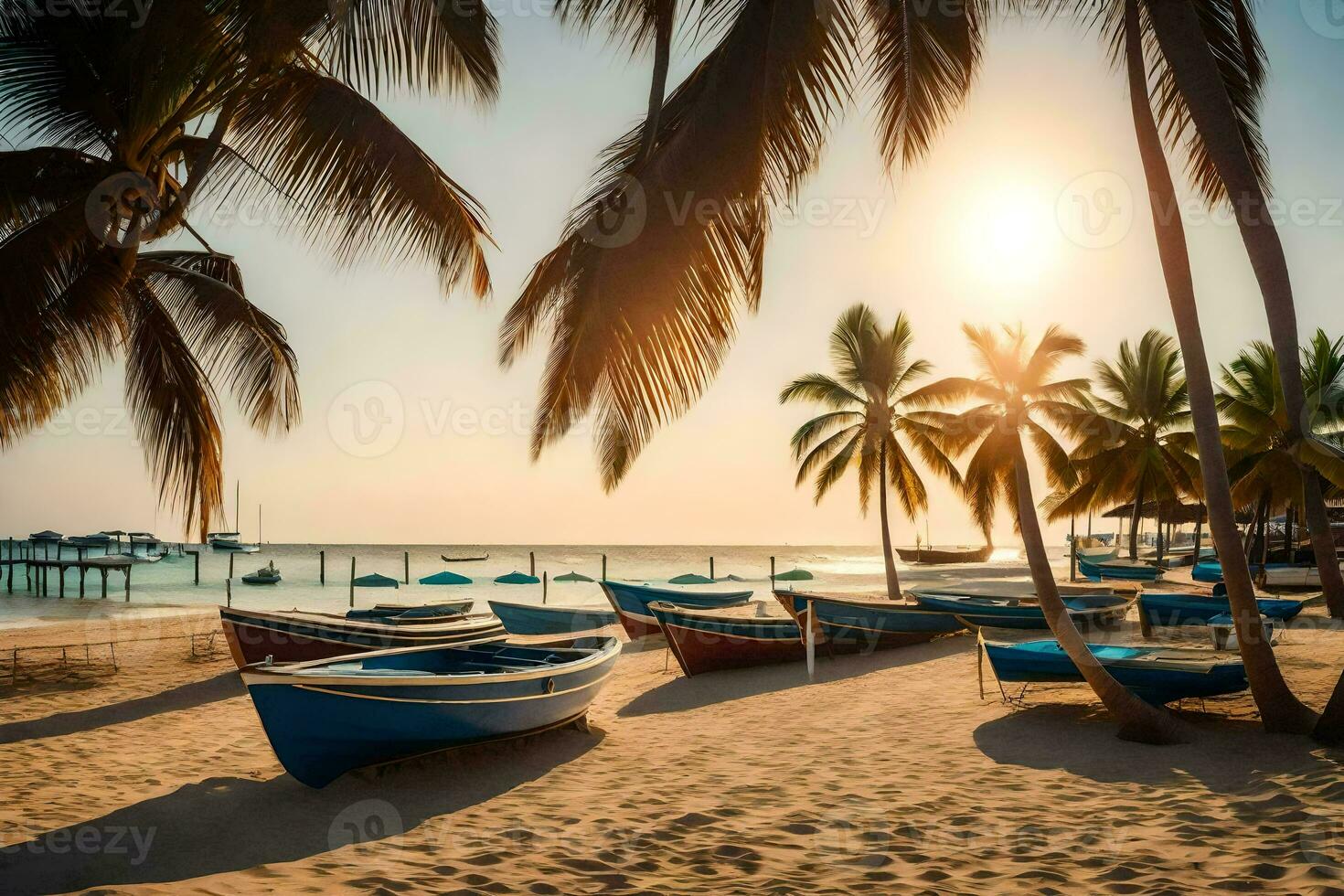 bateaux sur le plage à le coucher du soleil avec paume des arbres. généré par ai photo