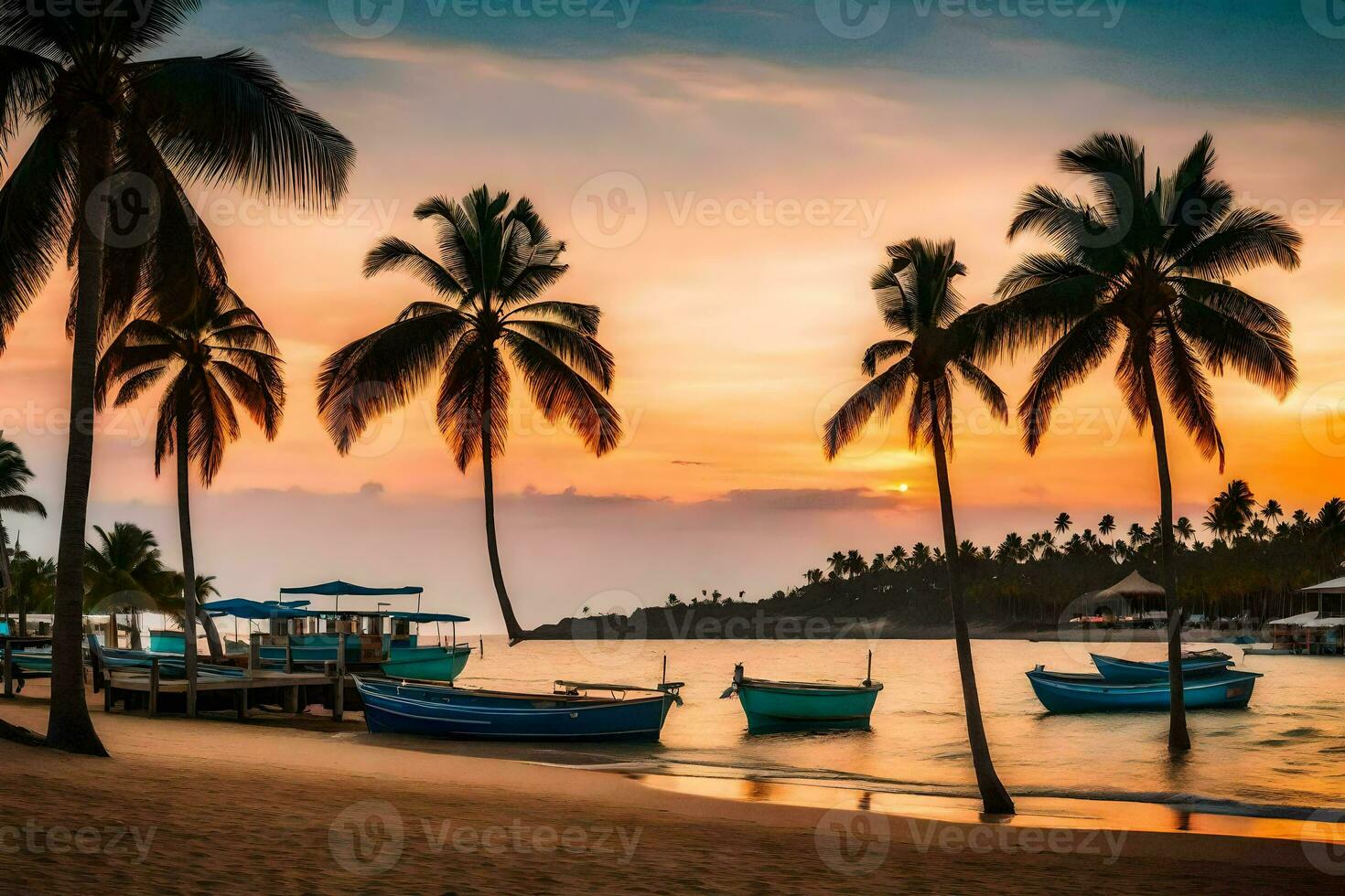 paume des arbres sur le plage à le coucher du soleil. généré par ai photo