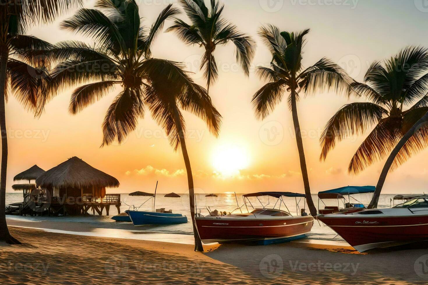 une bateau est assis sur le plage à le coucher du soleil avec paume des arbres. généré par ai photo