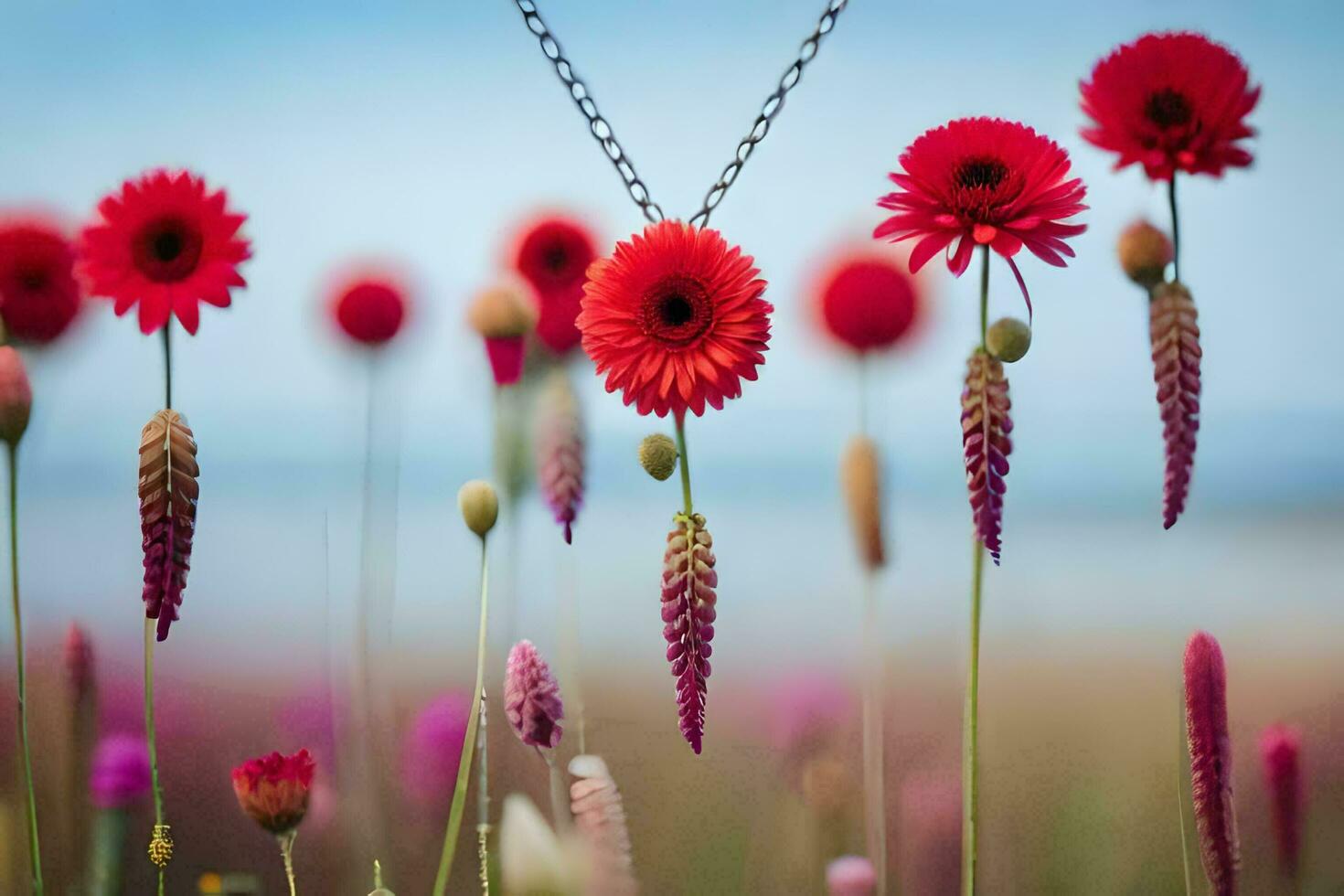 rouge fleurs dans une champ avec une Collier pendaison de il. généré par ai photo