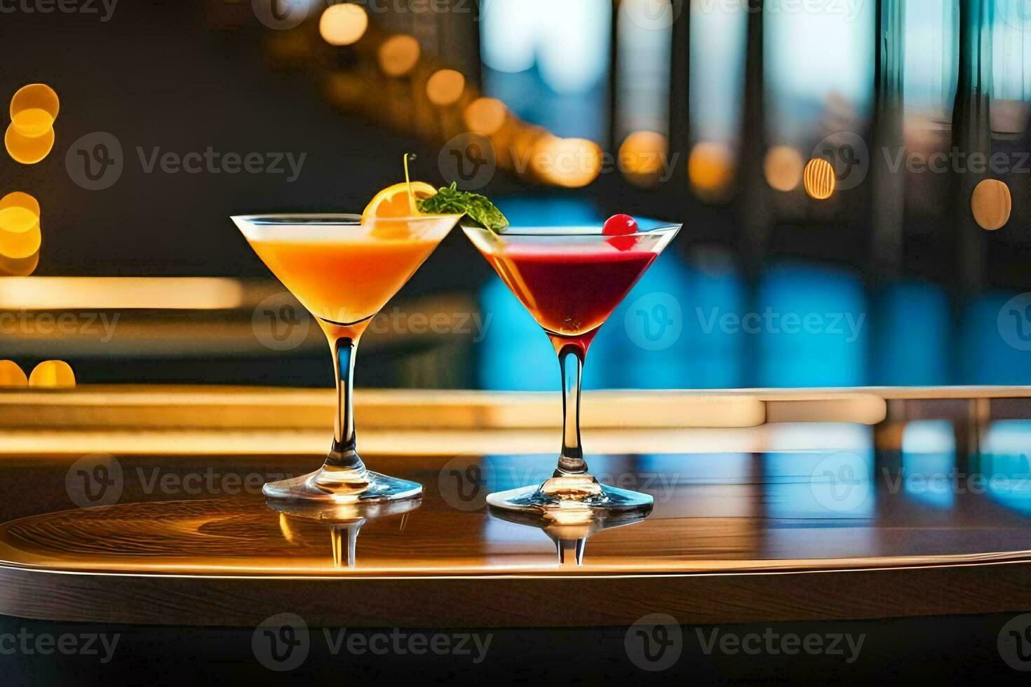 deux des cocktails asseoir sur une bar avec une vue de le ville. généré par ai photo