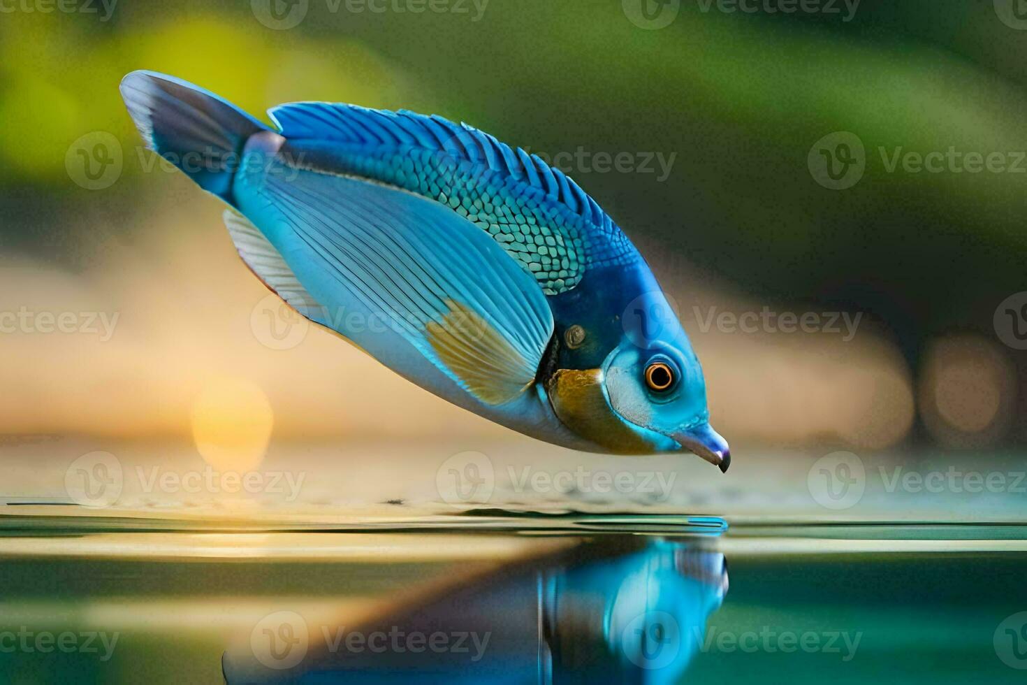 une bleu poisson est en volant plus de l'eau. généré par ai photo