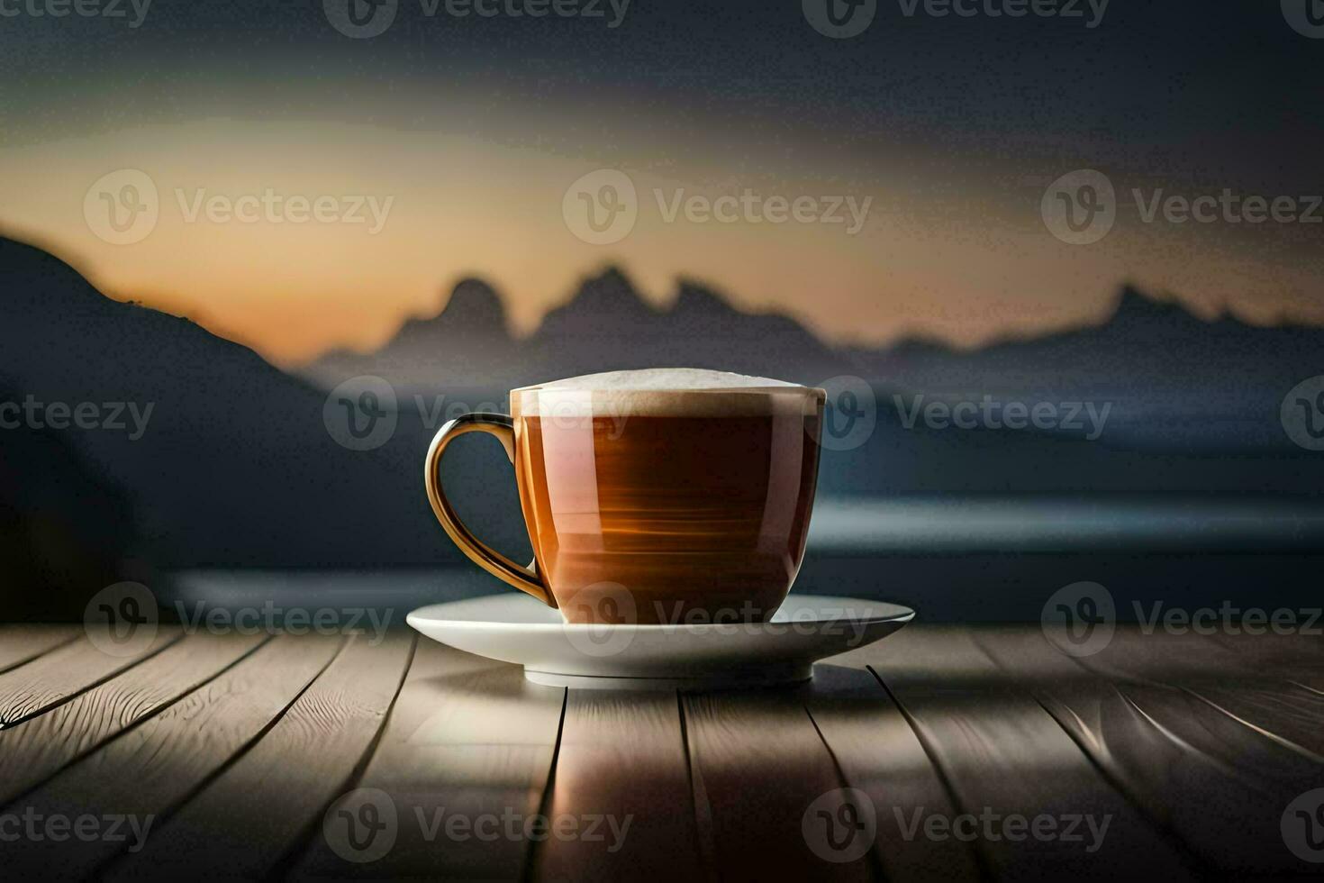 une tasse de café sur une en bois table dans de face de une Montagne voir. généré par ai photo