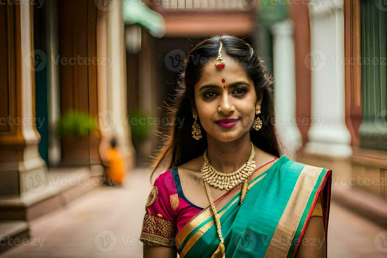 une magnifique Jeune femme dans une traditionnel sari. généré par ai photo