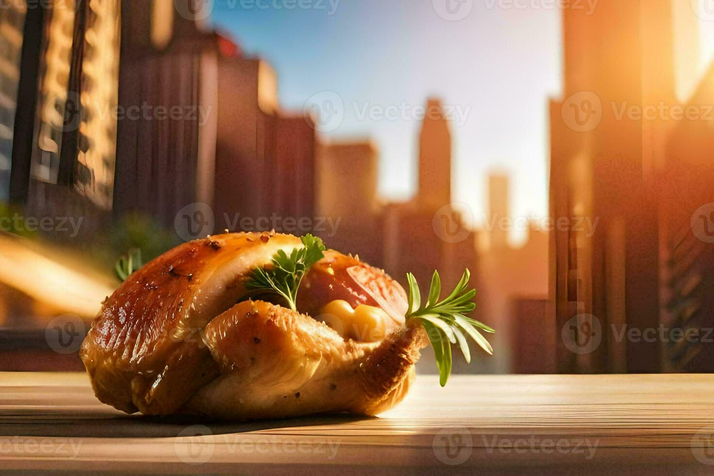 une poulet sur une en bois table avec paysage urbain dans le Contexte. généré par ai photo