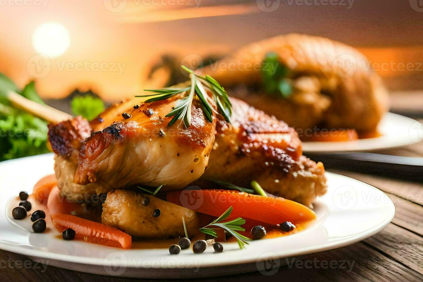 une assiette de poulet et des légumes avec une le coucher du soleil dans le Contexte. généré par ai photo