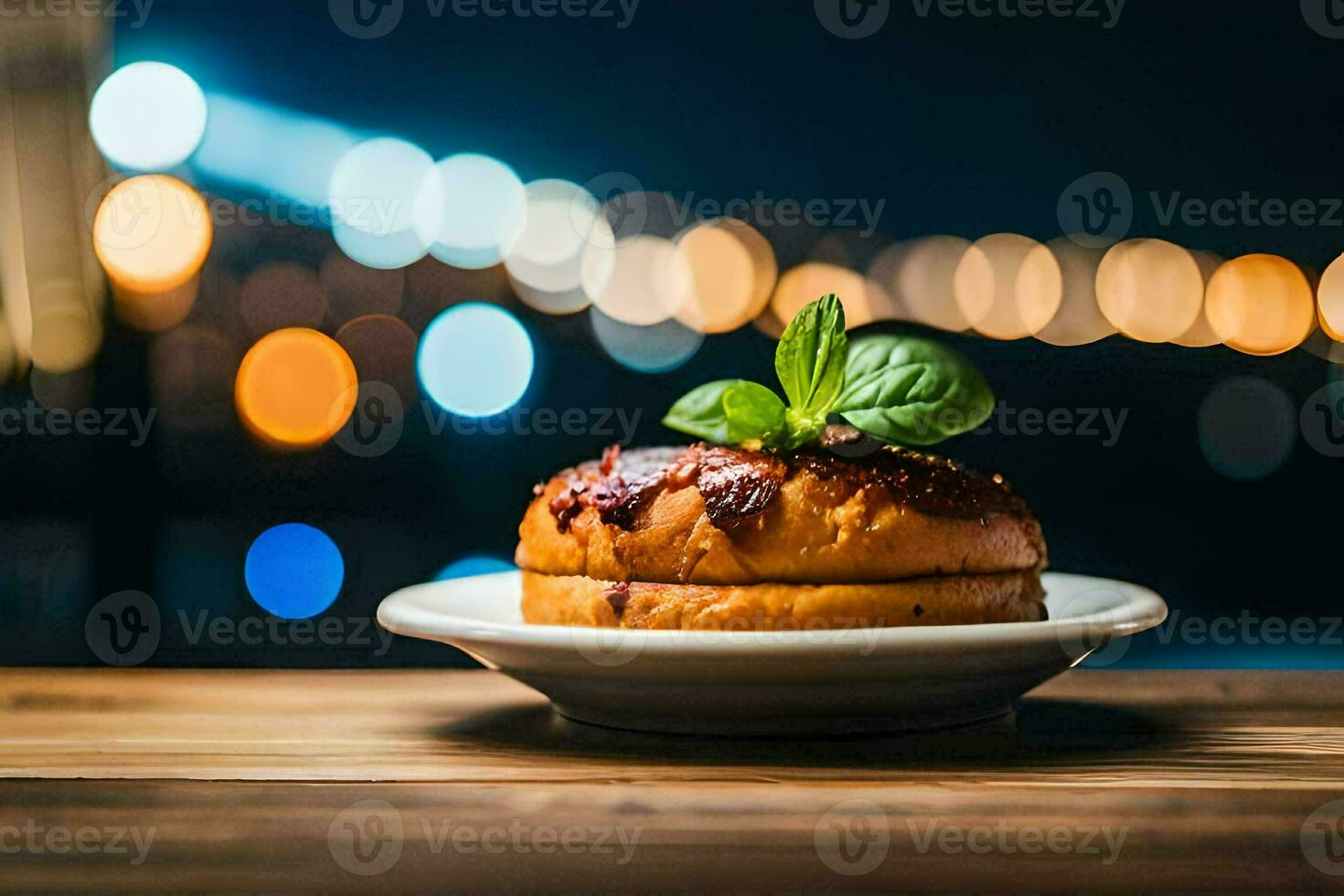 une sandwich sur une assiette avec une ville voir. généré par ai photo