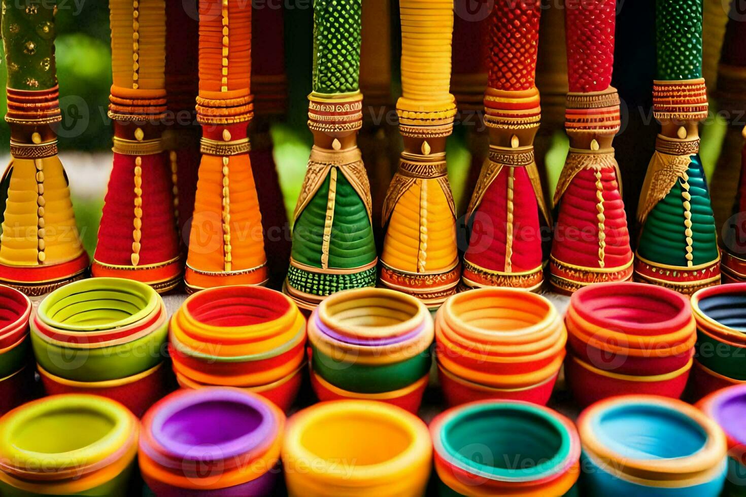 coloré des pots et boules pour vente à une marché. généré par ai photo