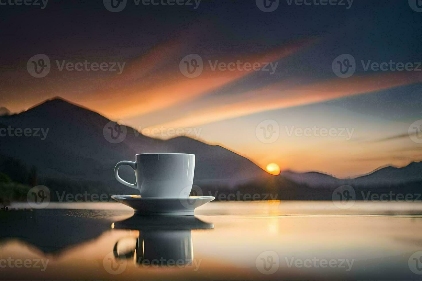 une tasse de café est assis sur le bord de une Lac à le coucher du soleil. généré par ai photo