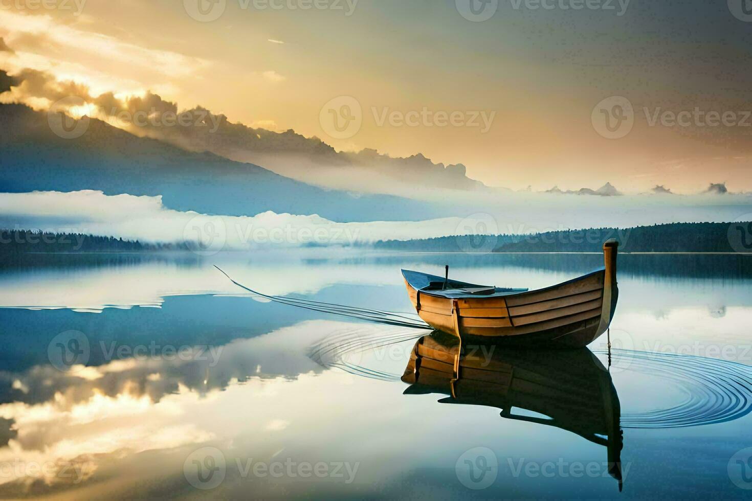 une bateau sur une Lac à le coucher du soleil. généré par ai photo