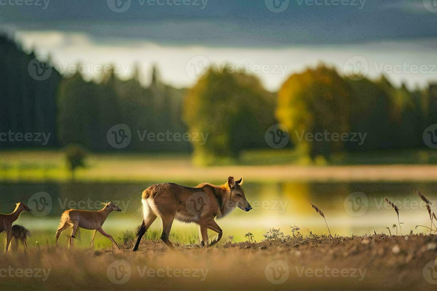 cerf dans le champ par le lac. généré par ai photo