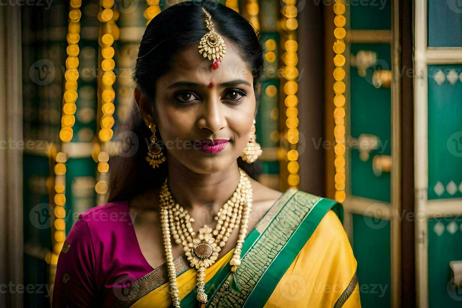 une magnifique Indien la mariée dans une Jaune sari. généré par ai photo