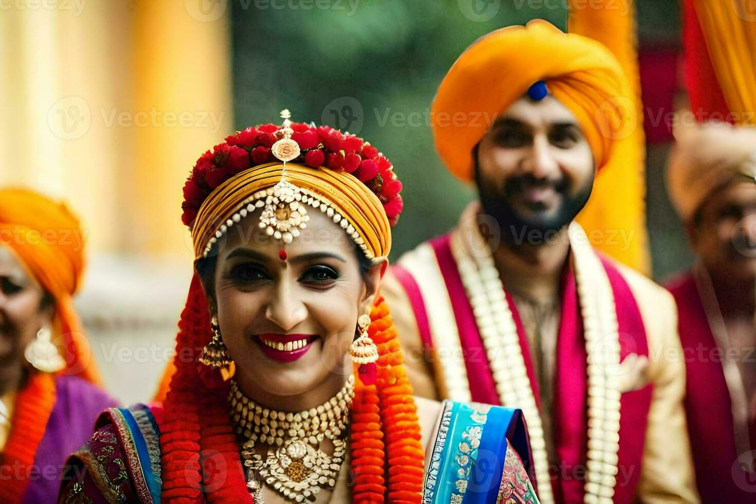 une la mariée et jeune marié dans traditionnel Indien tenue. généré par ai photo