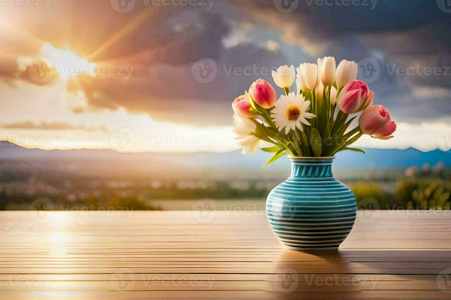 une vase avec fleurs sur une table dans de face de une le coucher du soleil. généré par ai photo