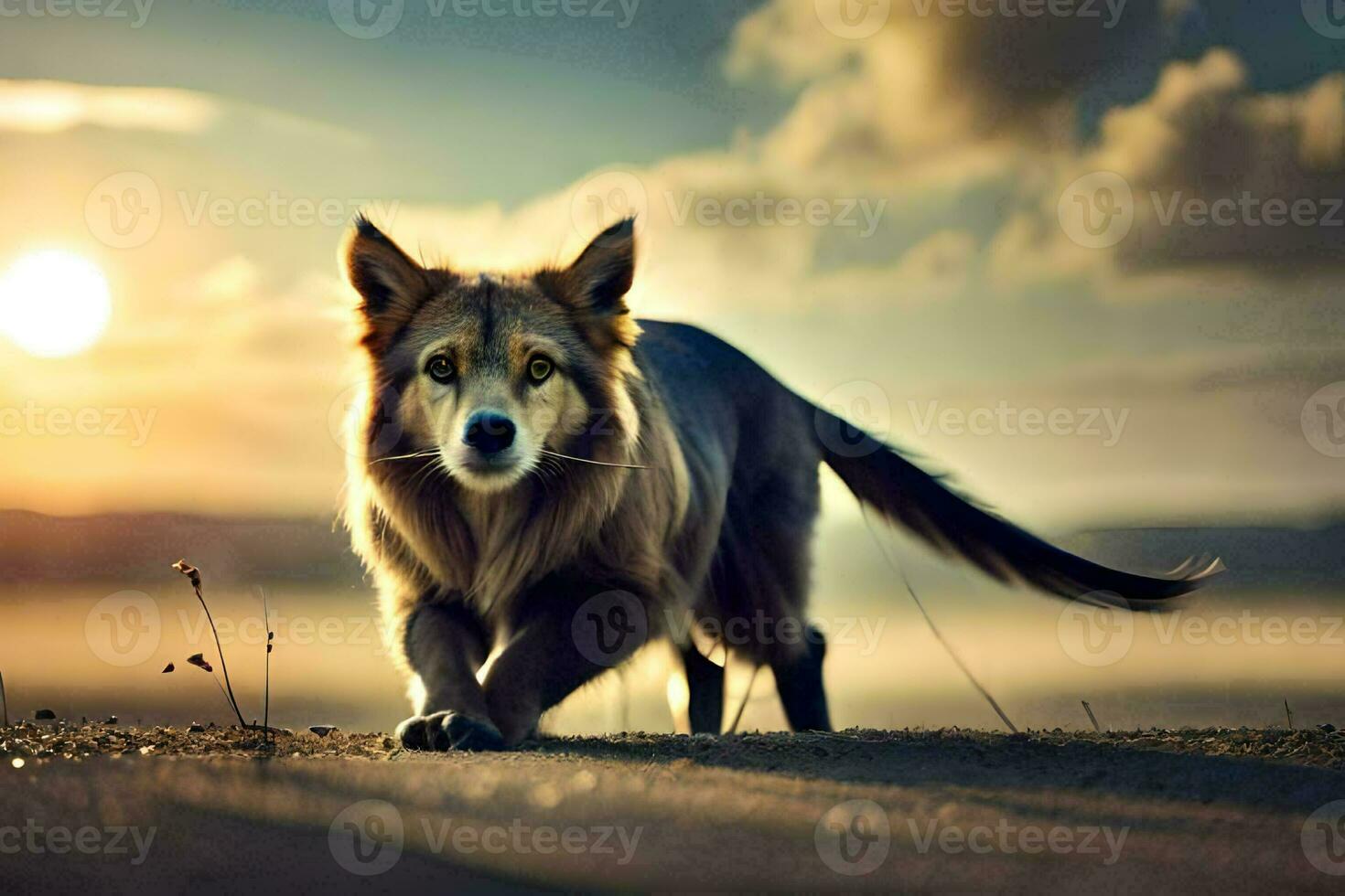 une Loup est en marchant sur le plage à le coucher du soleil. généré par ai photo