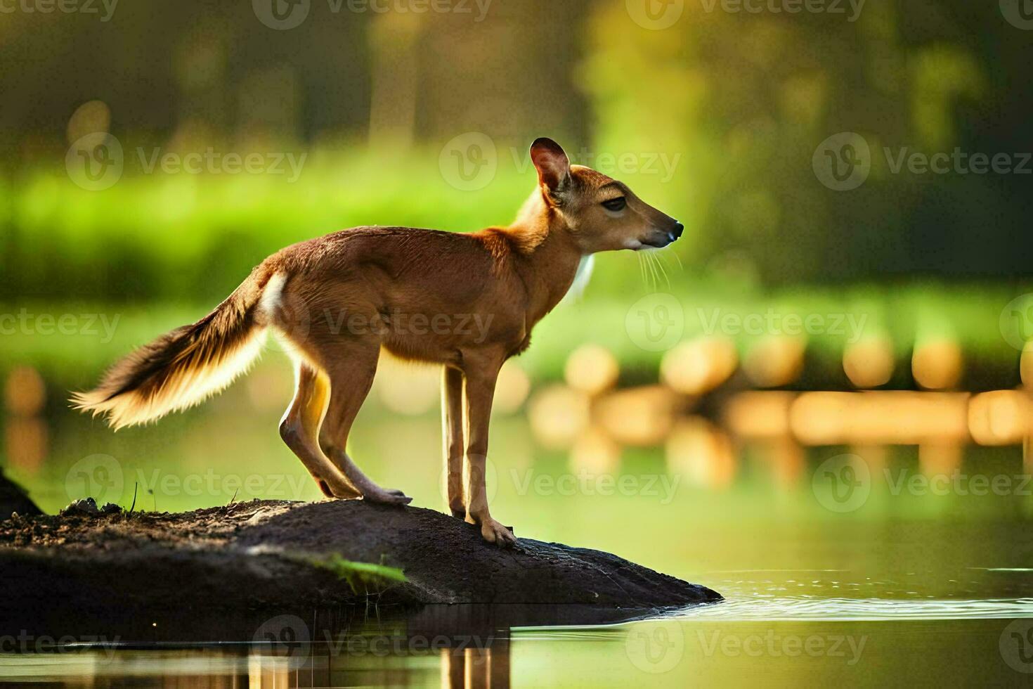 une petit cerf des stands sur une Roche dans le l'eau. généré par ai photo