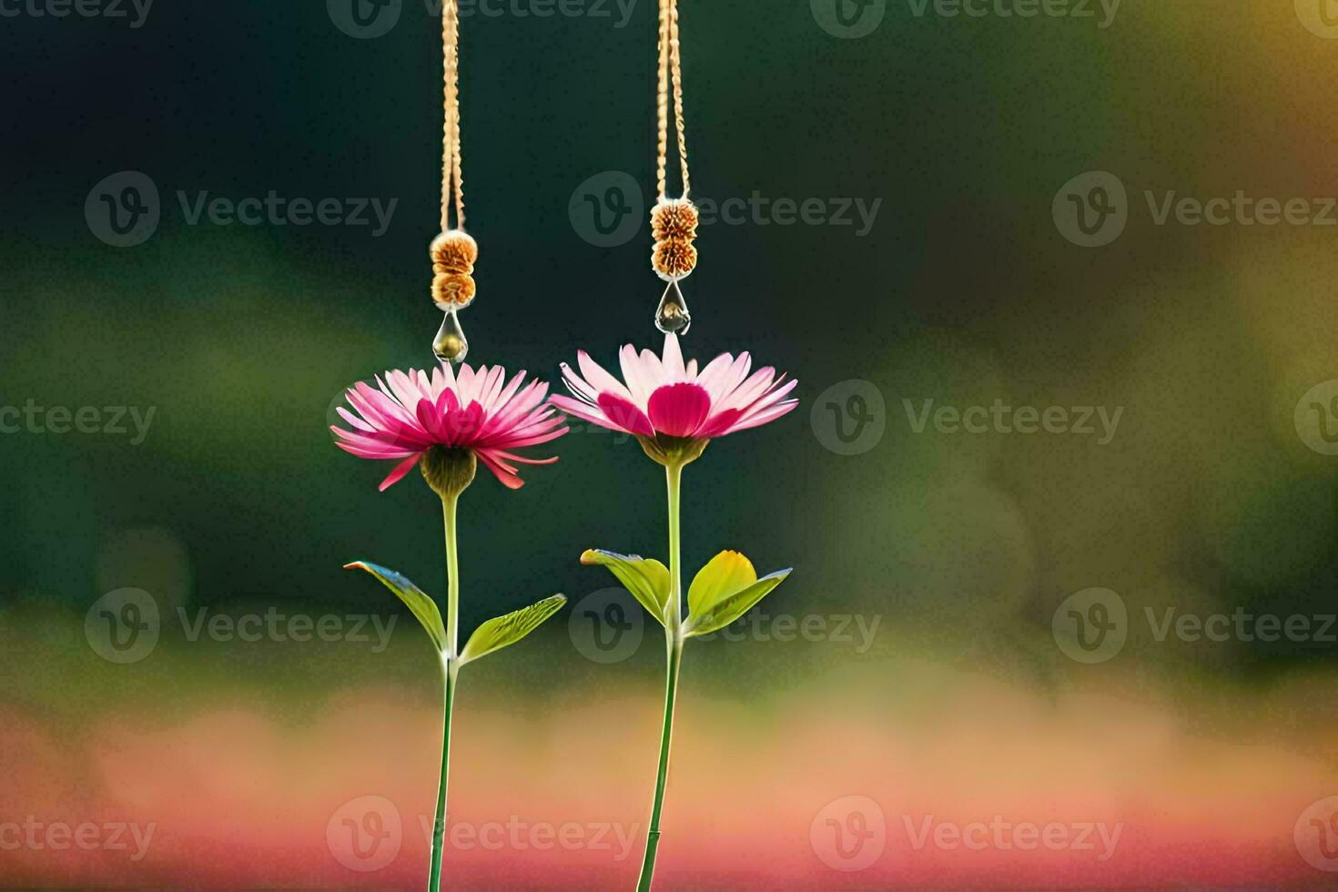 deux rose fleurs pendaison de une chaîne. généré par ai photo