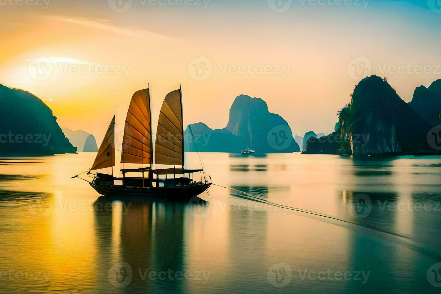 une bateau voiles dans le l'eau à le coucher du soleil. généré par ai photo