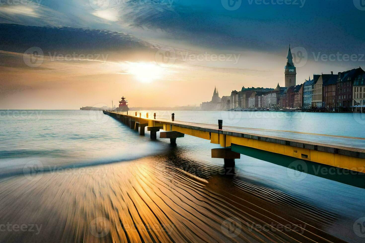 une jetée dans le l'eau avec une phare dans le Contexte. généré par ai photo