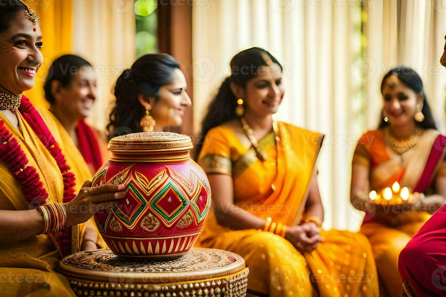 une groupe de femmes dans saris séance autour une pot. généré par ai photo