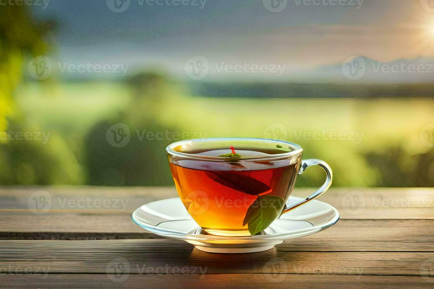 une tasse de thé sur une en bois tableau. généré par ai photo