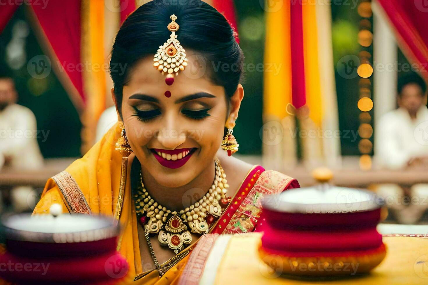 une magnifique Indien la mariée souriant à le caméra. généré par ai photo