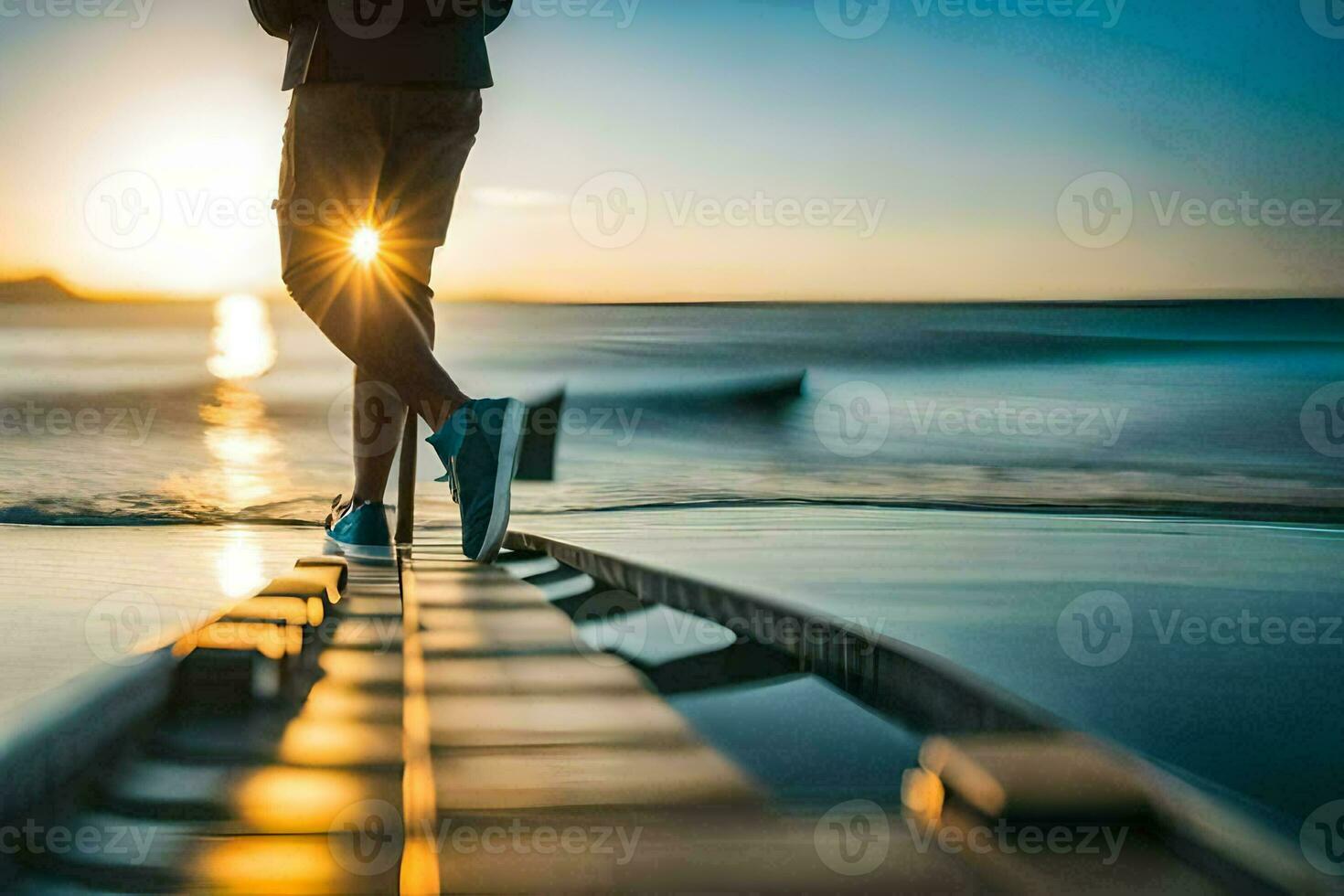 une homme en marchant sur une en bois pont à le coucher du soleil. généré par ai photo