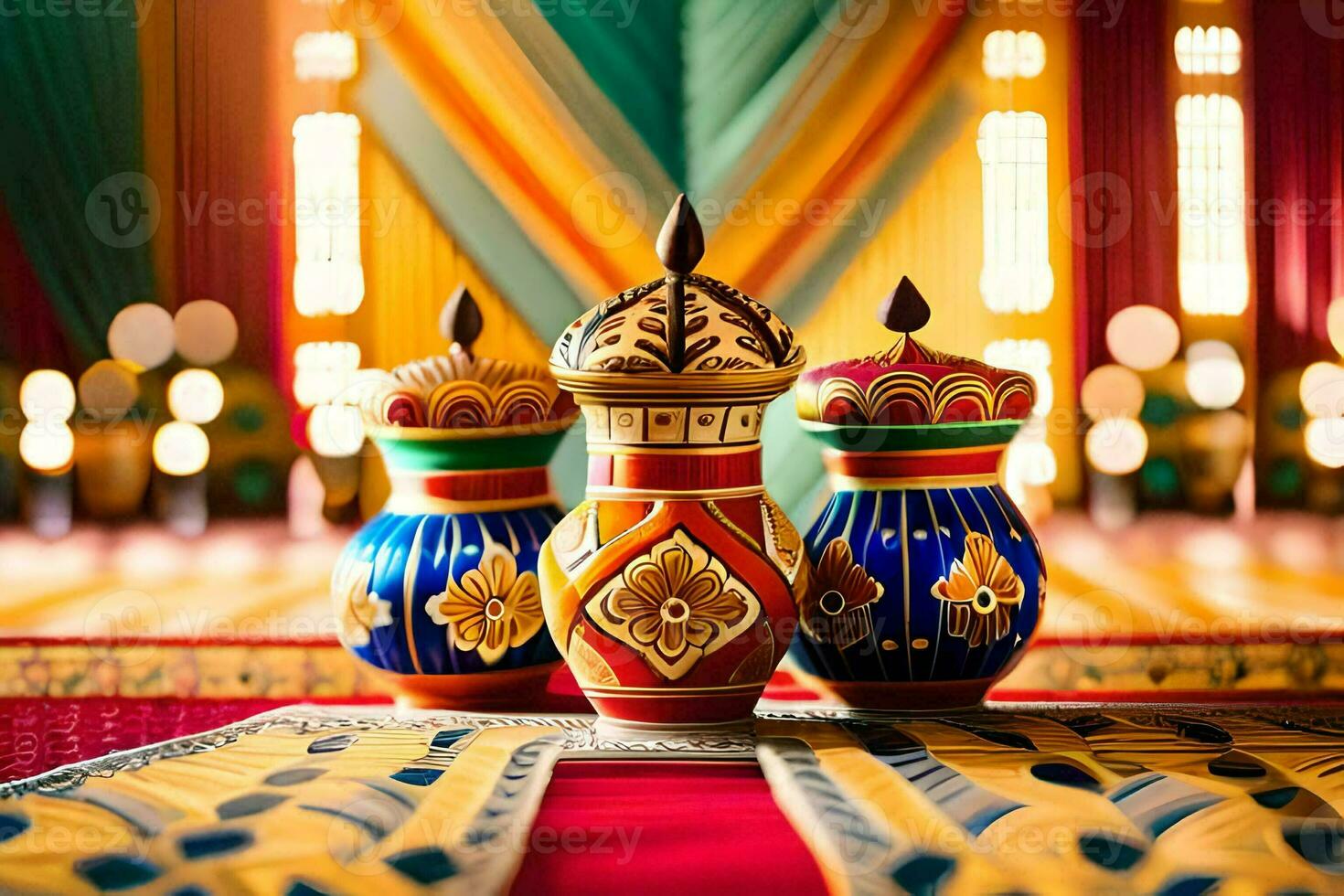 Trois coloré des vases sur une table avec coloré rideaux. généré par ai photo
