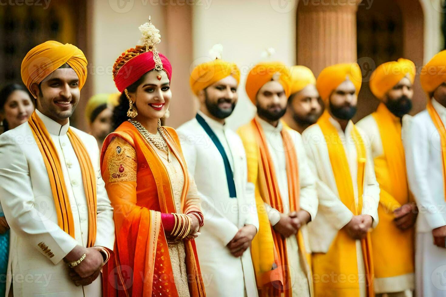 une groupe de gens dans Jaune turbans et blanc tenues. généré par ai photo