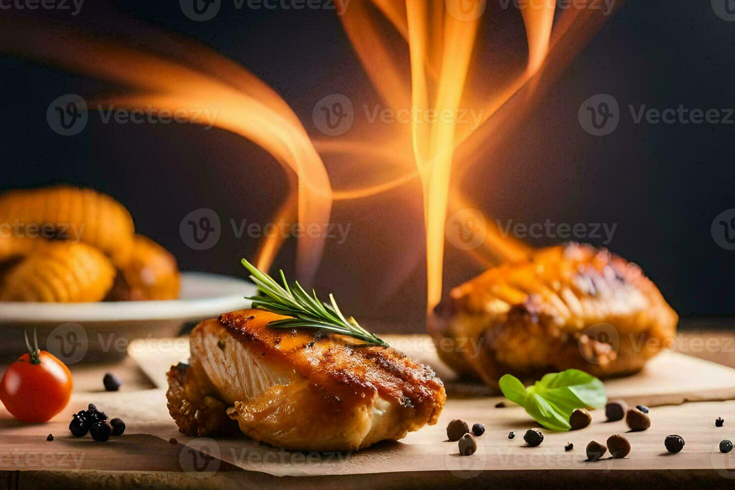 grillé poulet sur une en bois planche avec Feu. généré par ai photo