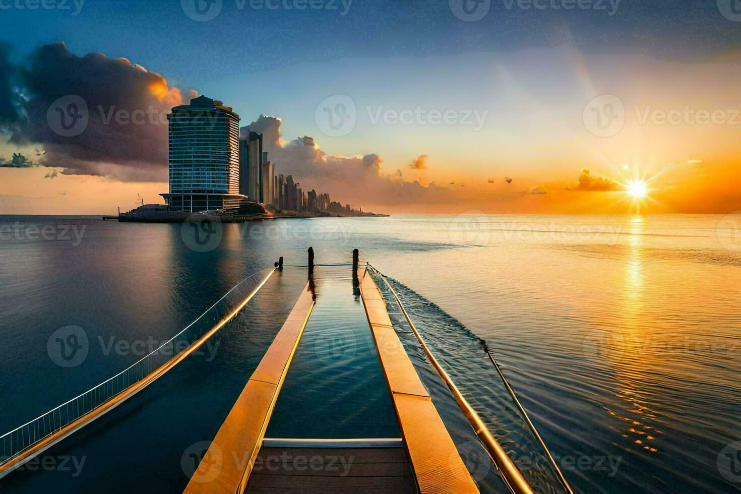 le Soleil ensembles plus de le océan et une Dock dans de face de bâtiments. généré par ai photo