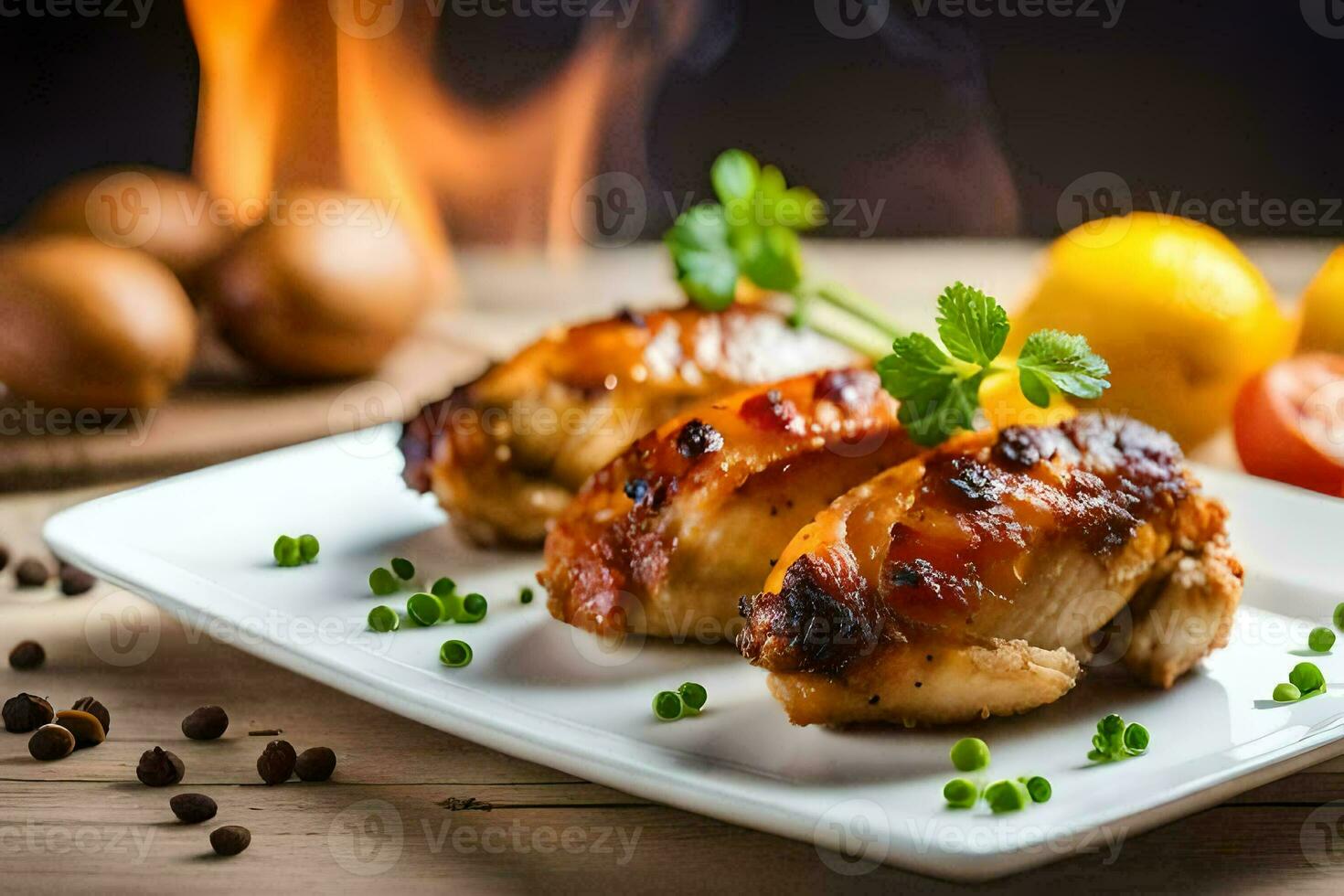 grillé poulet sur une assiette avec des légumes et citron. généré par ai photo