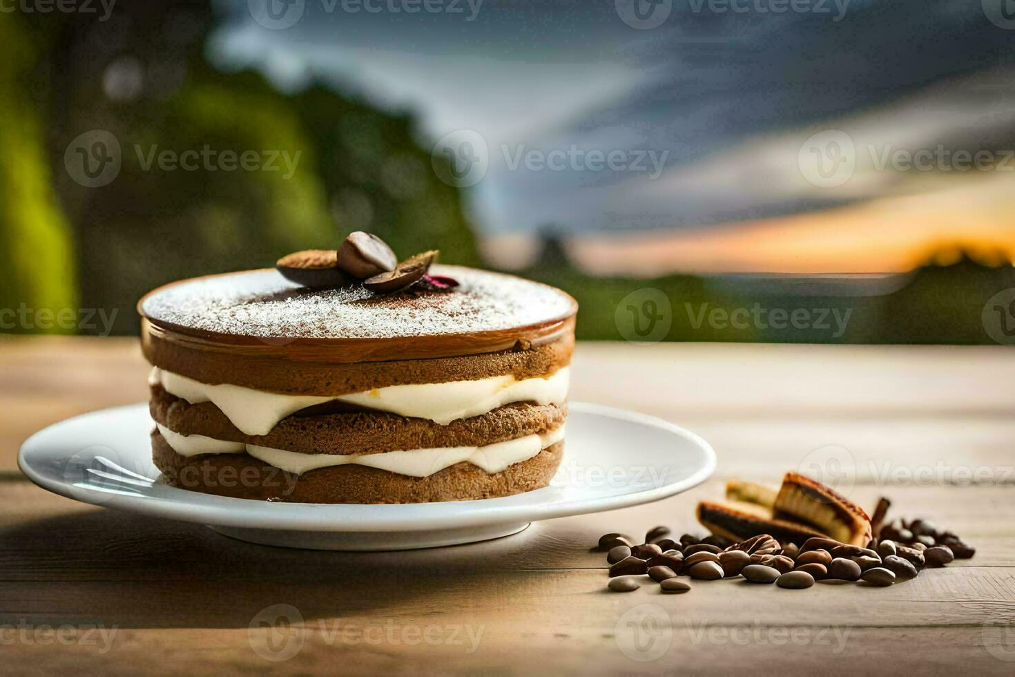 une gâteau sur une assiette avec café haricots. généré par ai photo