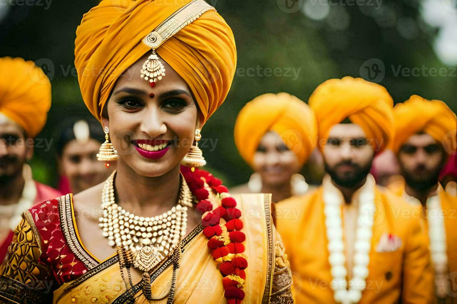 une la mariée dans une Jaune turban avec sa demoiselles d'honneur. généré par ai photo