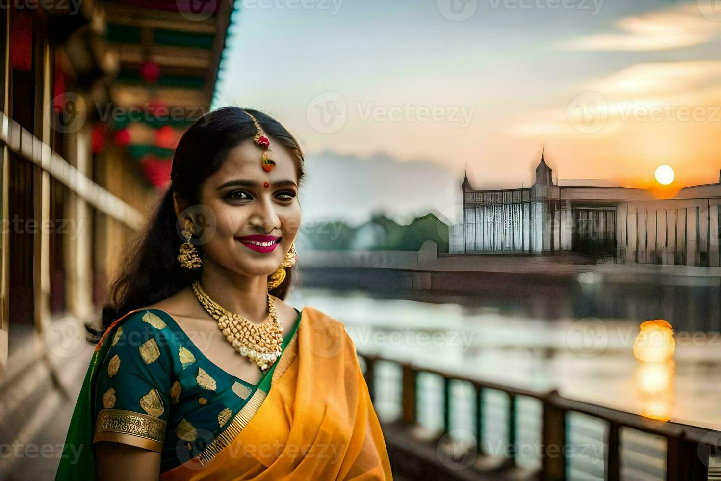 une magnifique Indien femme dans un Orange sari. généré par ai photo