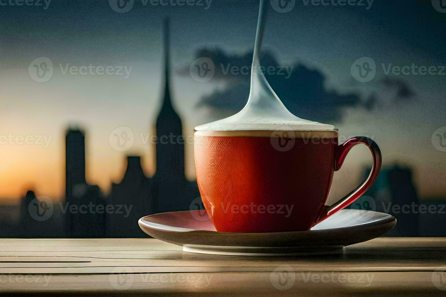 une tasse de café avec une ville horizon dans le Contexte. généré par ai photo
