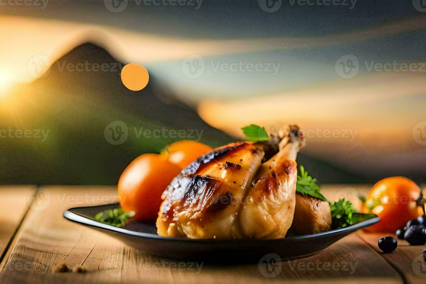 poulet sur une assiette avec tomates et des légumes. généré par ai photo