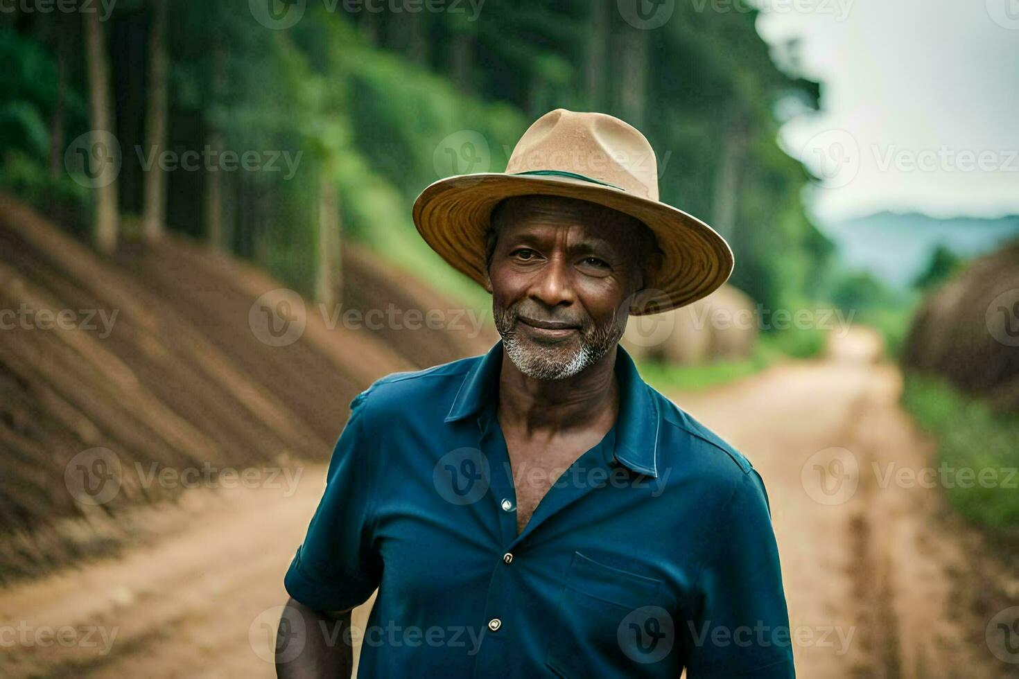 une homme dans une chapeau permanent sur une saleté route. généré par ai photo