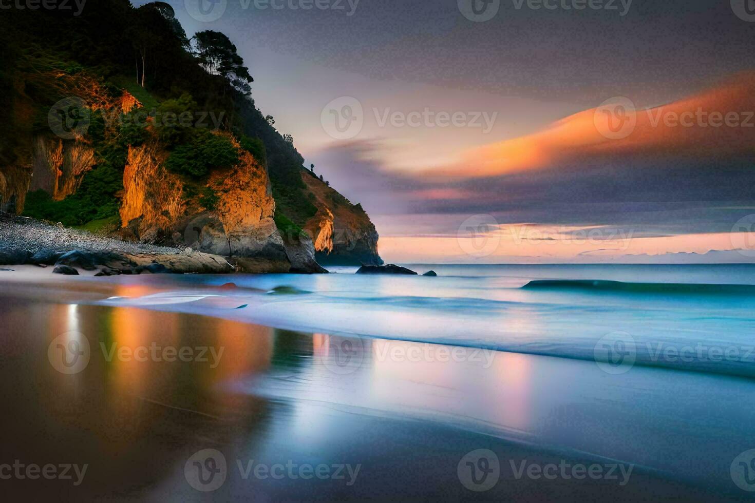 une plage à le coucher du soleil avec vagues et rochers. généré par ai photo