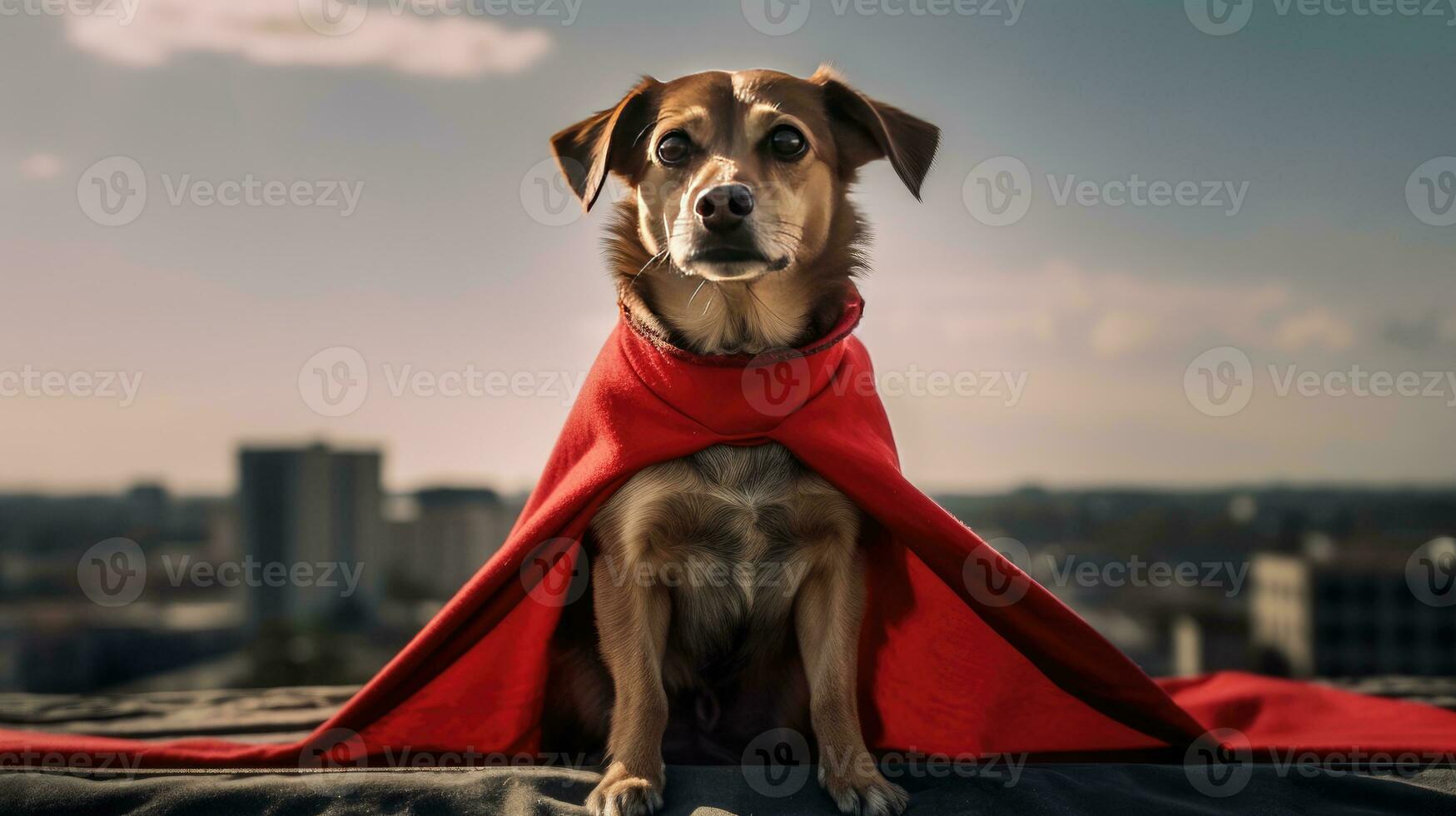 portrait de une chien habillé comme une super-héros avec une rouge cap photo