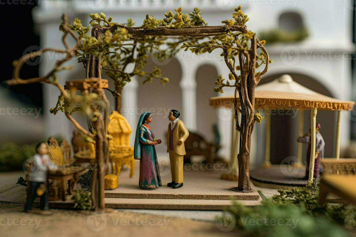 traditionnel Indien mariage. miniature mari et épouse dans nationale tenues. Indien culture, homme et femme établi avec génératif ai La technologie photo