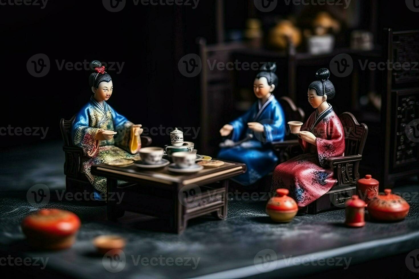 miniature thé cérémonie. petit diorama de chinois gens dans ancien traditionnel vêtements en buvant à base de plantes thé. concept de thé en buvant, bouddhisme, établi avec génératif ai La technologie photo