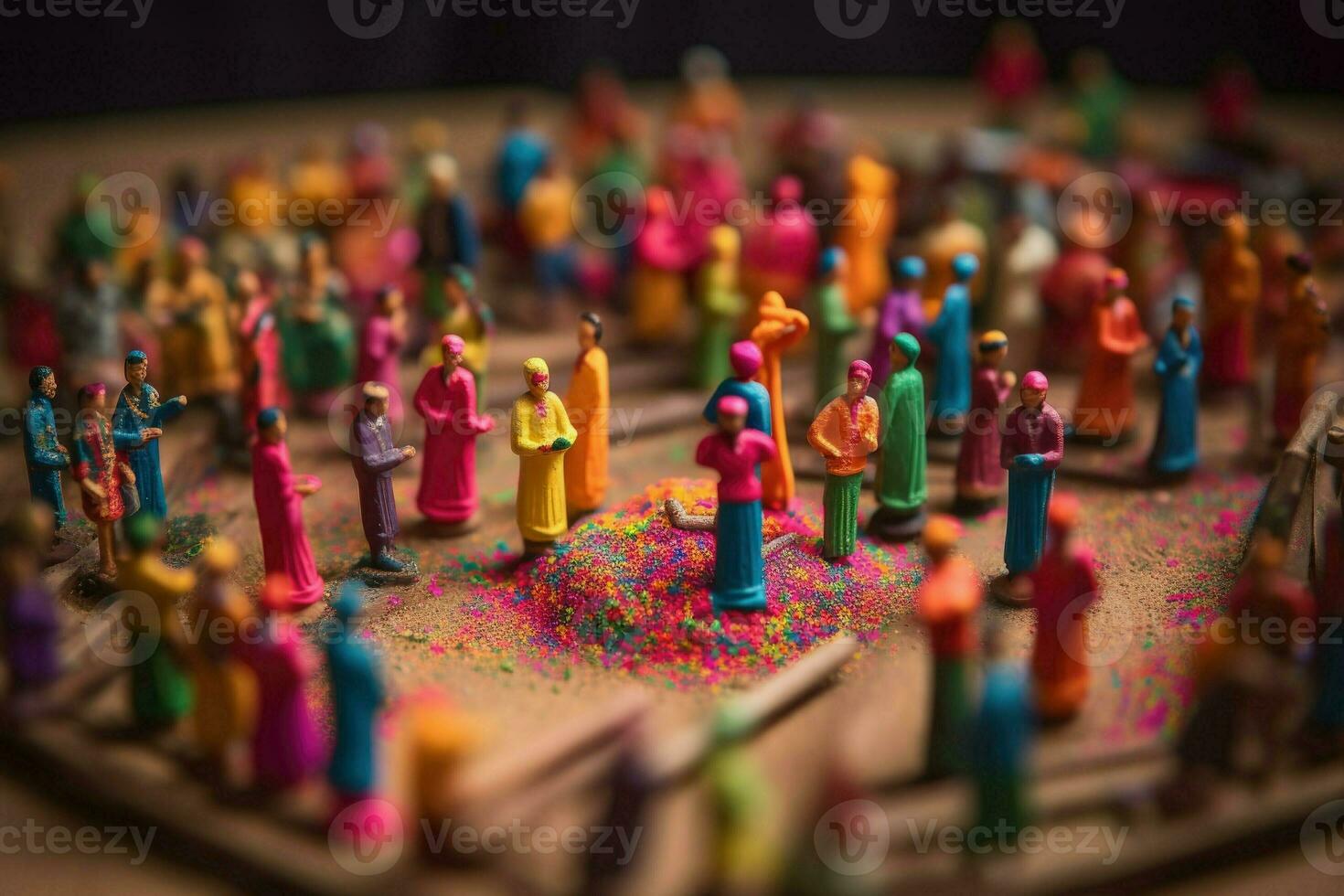 Indien vacances Holi diorama. miniature coloré gens avec des peintures célébrer le hindou début de printemps. brillant coloré concept établi avec génératif ai La technologie photo