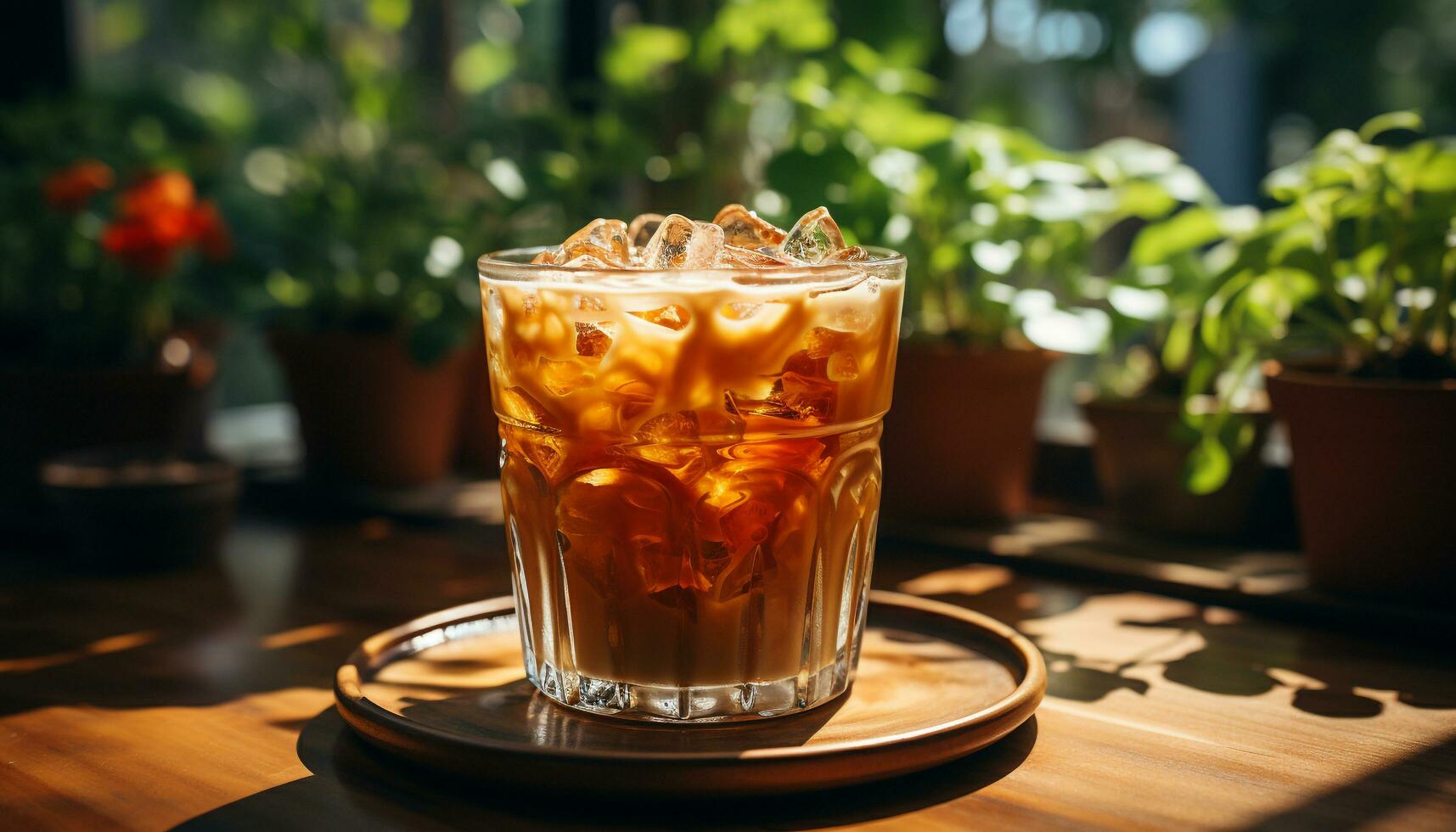 rafraîchissant café boisson sur une en bois tableau, parfait pour été généré par ai photo