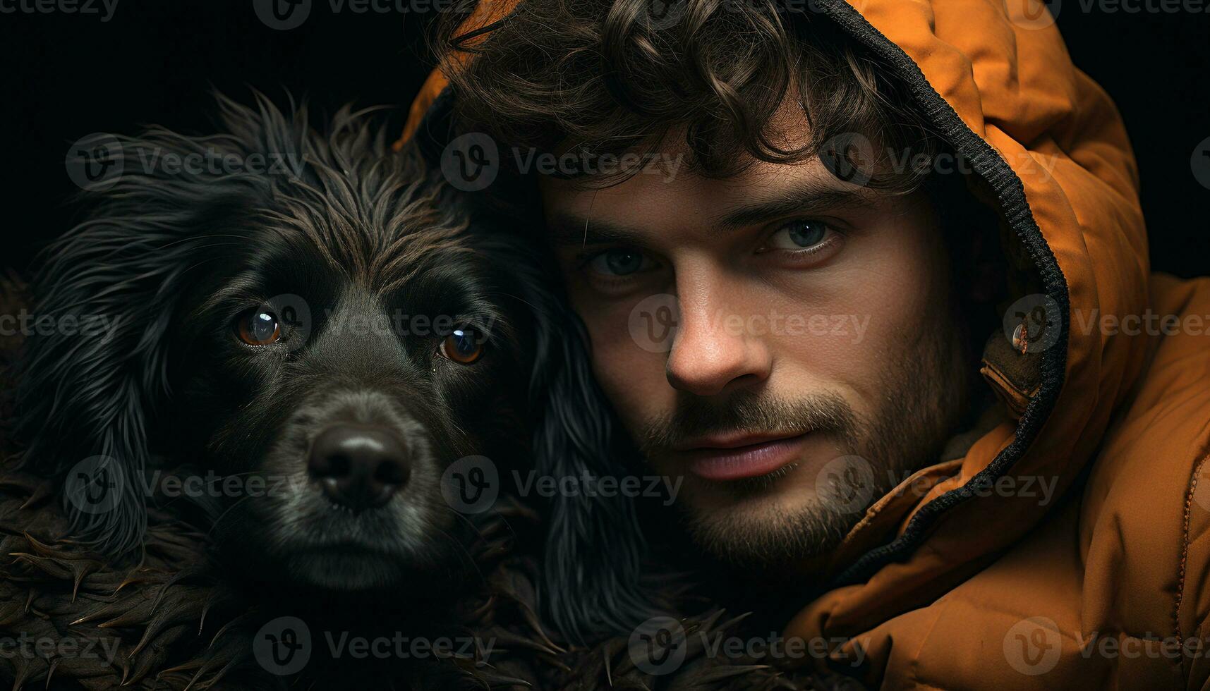 une homme et le sien chien, embrasser, souriant, pur l'amour ensemble généré par ai photo