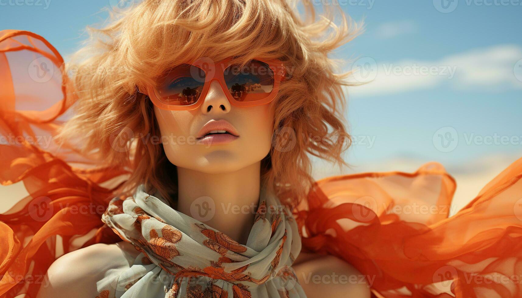 caucasien femme, mode modèle, blond cheveux, des lunettes de soleil, souriant, élégance, beauté généré par ai photo