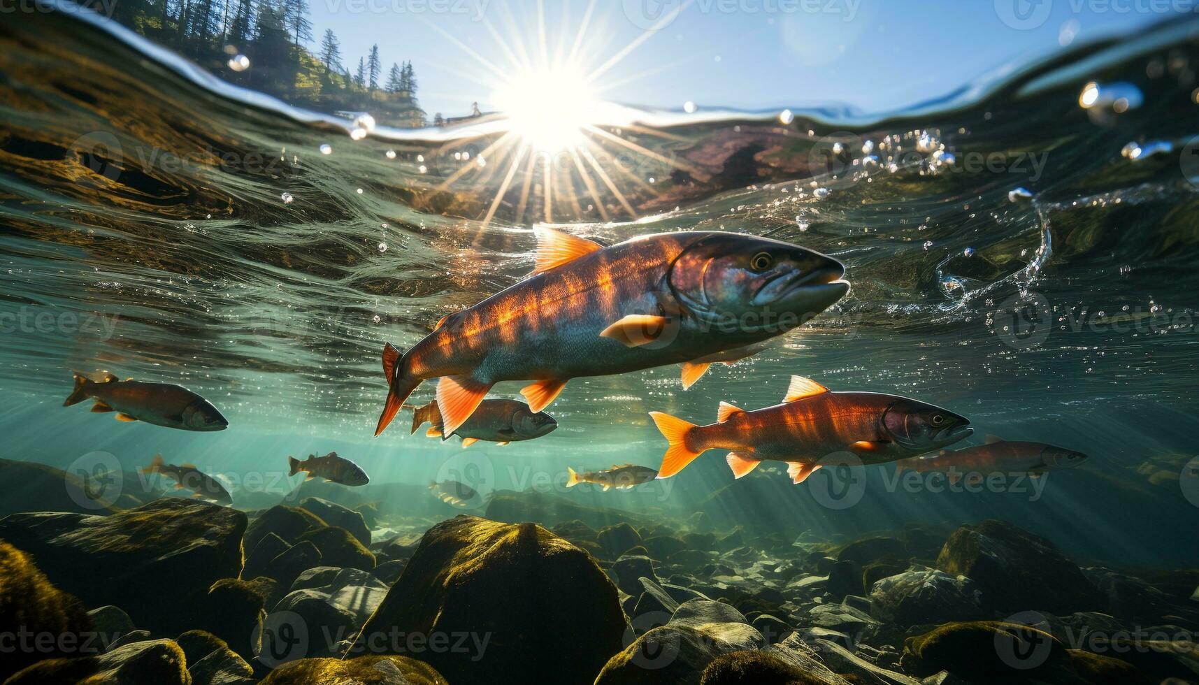 école de poisson nager dans le profond, mettant en valeur sous-marin beauté généré par ai photo