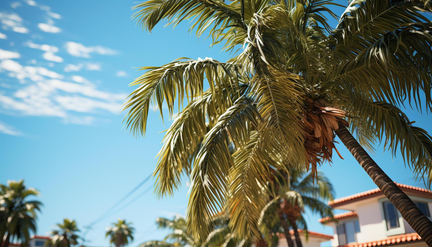 tropical paume arbre, bleu ciel, sablonneux plage, exotique vacances paradis généré par ai photo