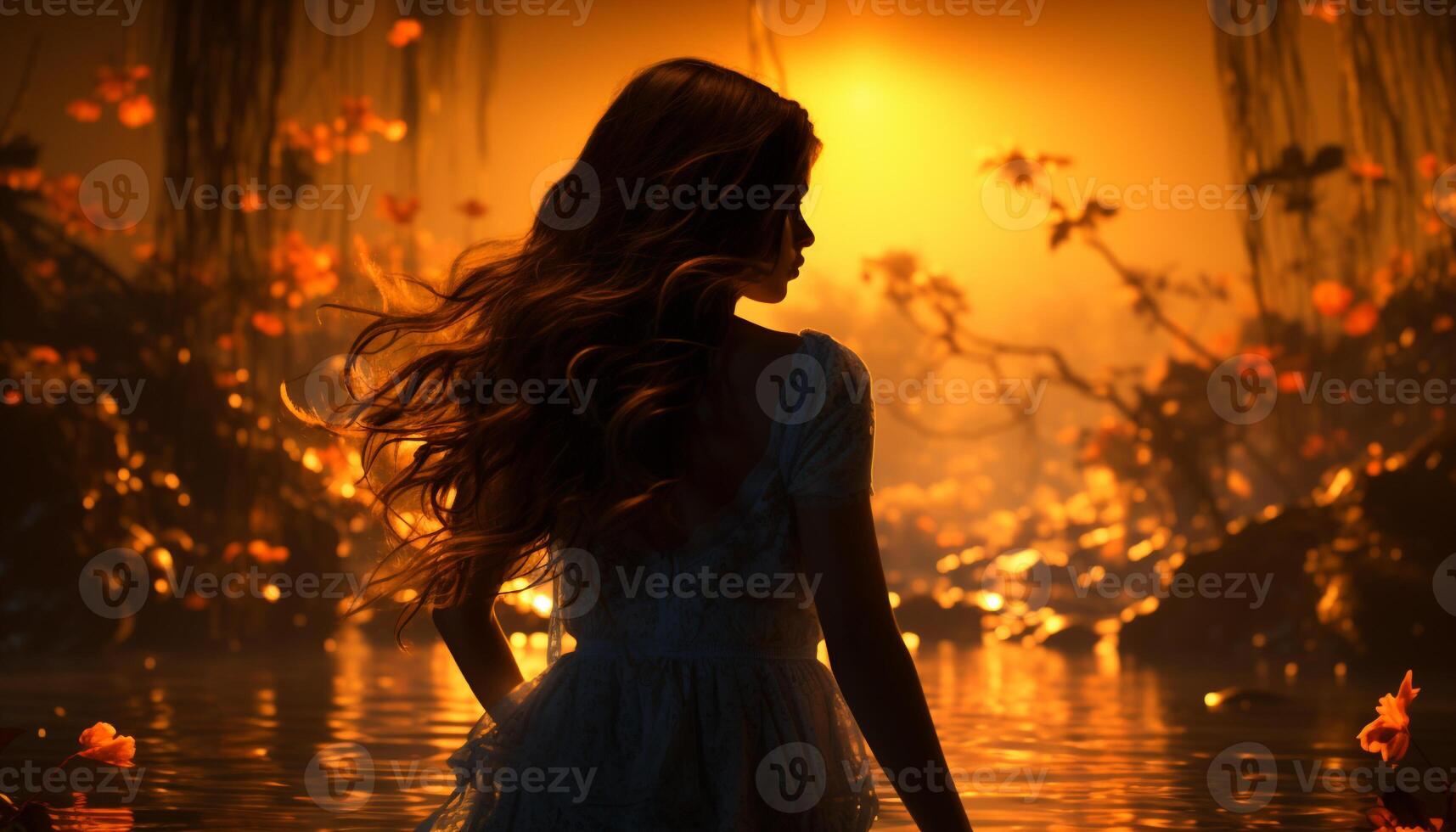 Jeune femme jouit la nature beauté, souriant à le coucher du soleil par le l'eau généré par ai photo